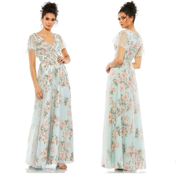 Mac Duggal - Blue Multi Floral Flutter Sleeve V-Neck Maxi Dress - Size 10 - Picture 3 of 17